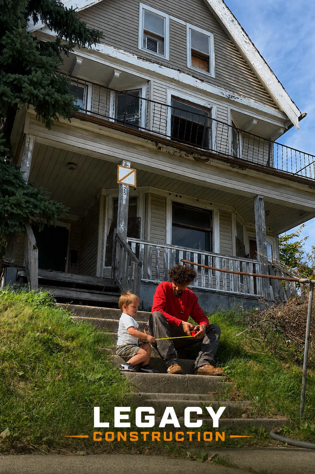 Father and child measuring steps on a home project with the Legacy Construction logo